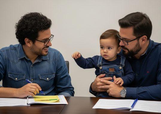 Brazilian family planning the day amid rainfall with children, illustrating resilient parenting in a community setting.