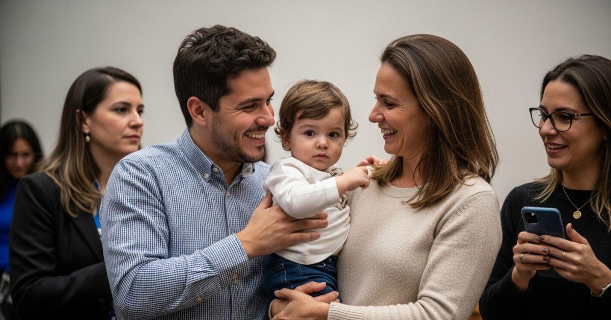 Brazilian parents and child in a warm living room discussing development and education