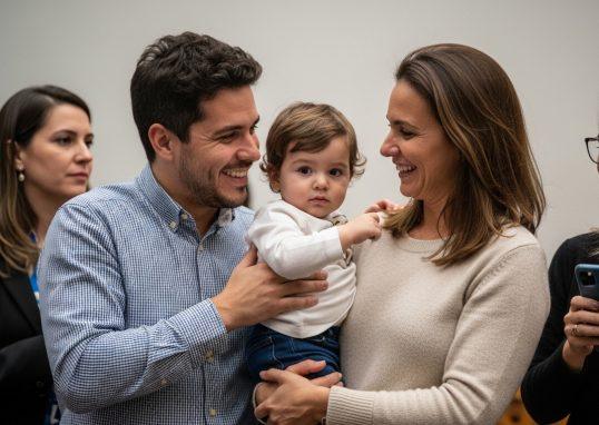 Brazilian parents and child in a warm living room discussing development and education