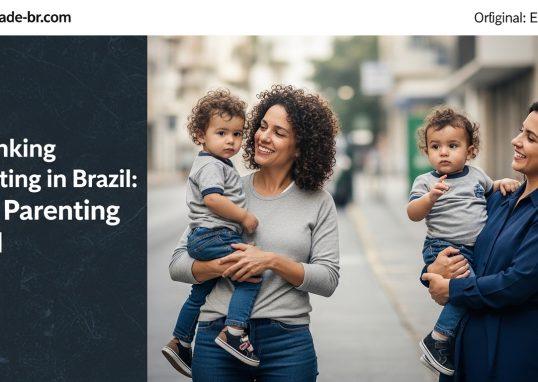 Brazilian parents and child in a warm living room discussing development and education