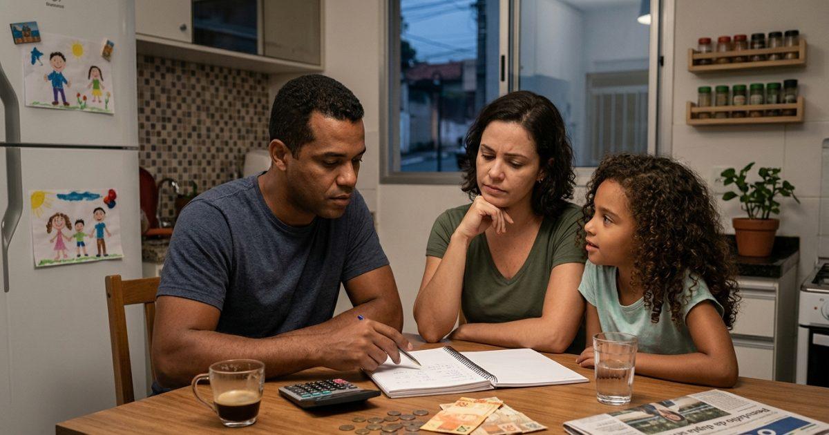 Family discussing finances after lottery results in Brazil.