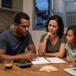 Family discussing finances after lottery results in Brazil.