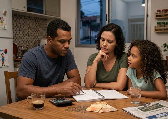 Family discussing finances after lottery results in Brazil.
