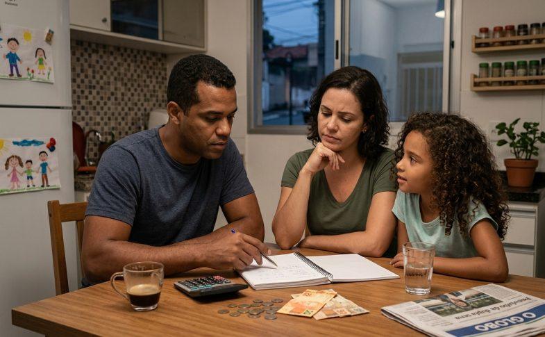 Family discussing finances after lottery results in Brazil.
