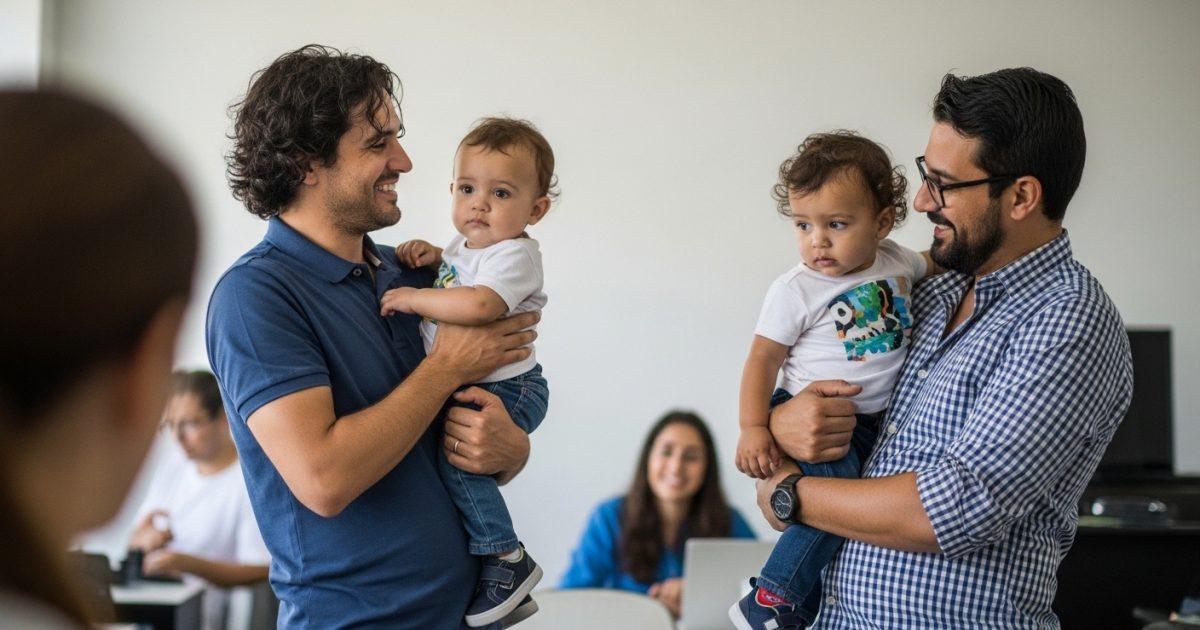 A Brazilian father playing with his child in a sunlit park, illustrating engaged parenting in Brazil.