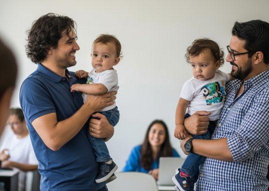 A Brazilian father playing with his child in a sunlit park, illustrating engaged parenting in Brazil.