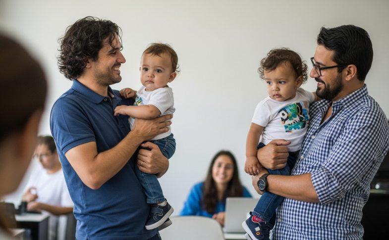 A Brazilian father playing with his child in a sunlit park, illustrating engaged parenting in Brazil.