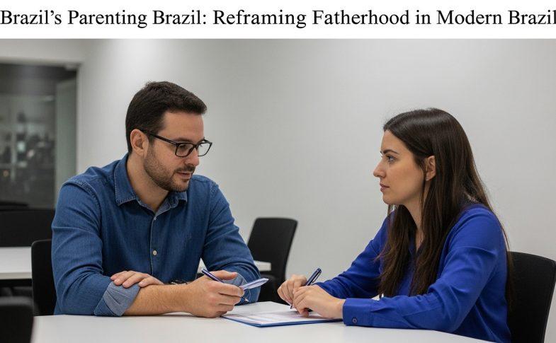 Brazilian father and child working together at a kitchen table in a well-lit home.