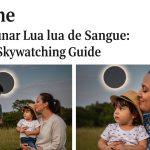 Family viewing a blood moon eclipse from their home at night