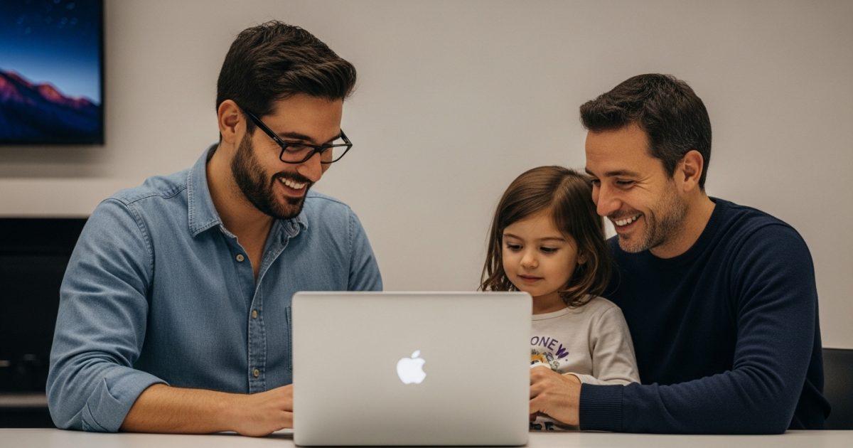 Parent using MacBook Neo at home with child nearby