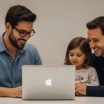 Parent using MacBook Neo at home with child nearby