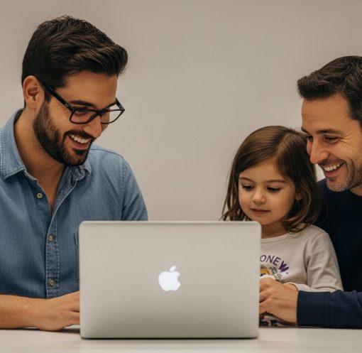 Parent using MacBook Neo at home with child nearby