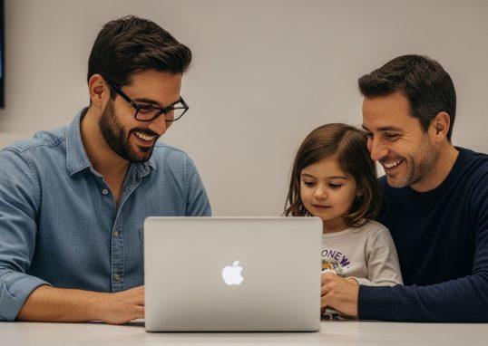 Parent using MacBook Neo at home with child nearby