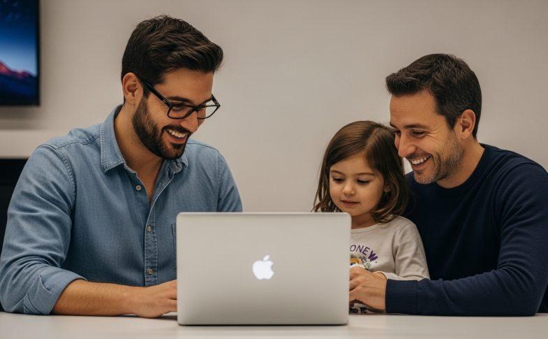 Parent using MacBook Neo at home with child nearby