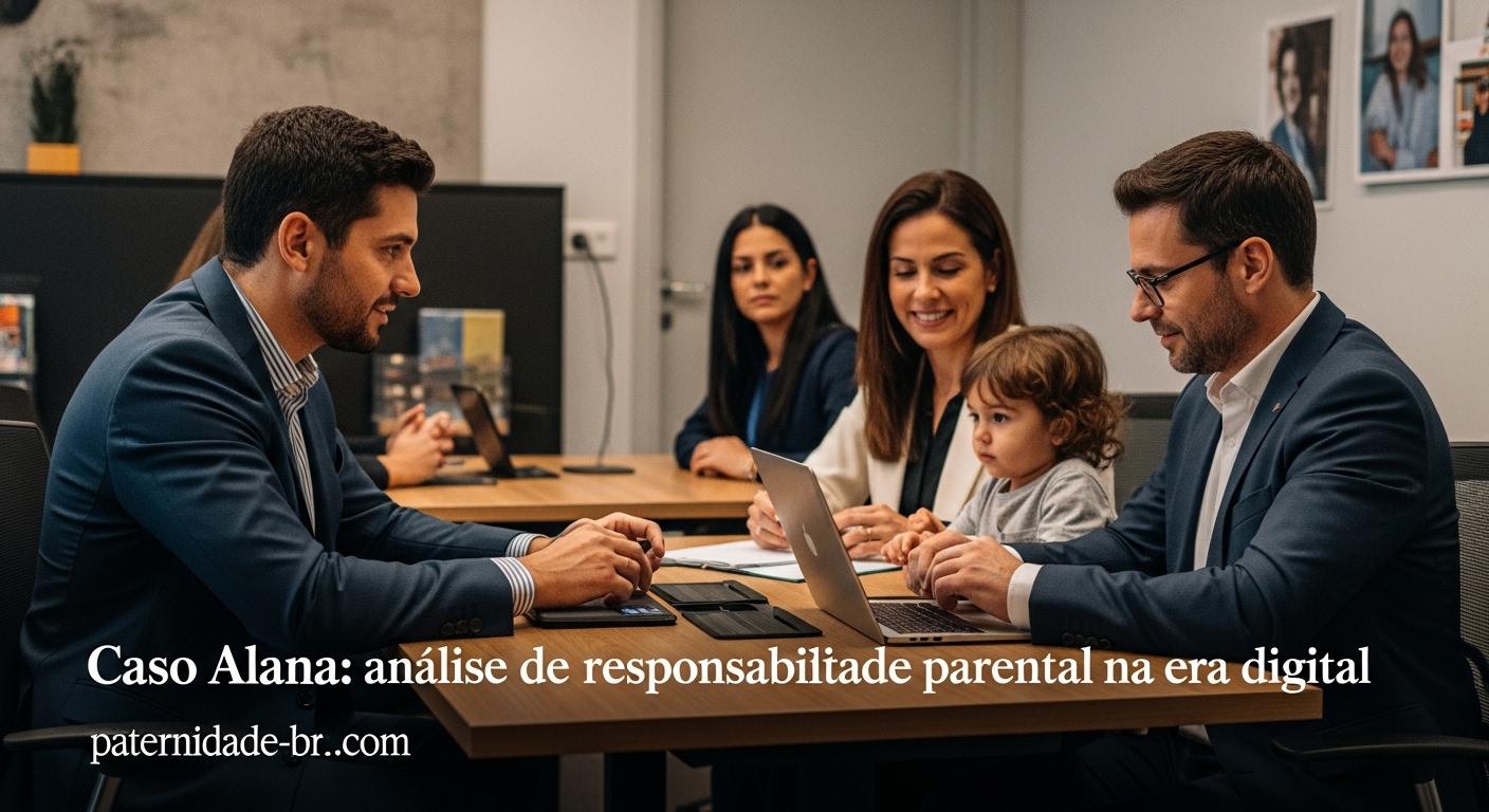 Editor de paternidade revisando fontes de cobertura de caso Alana em um ambiente doméstico, com foco em educação e limit