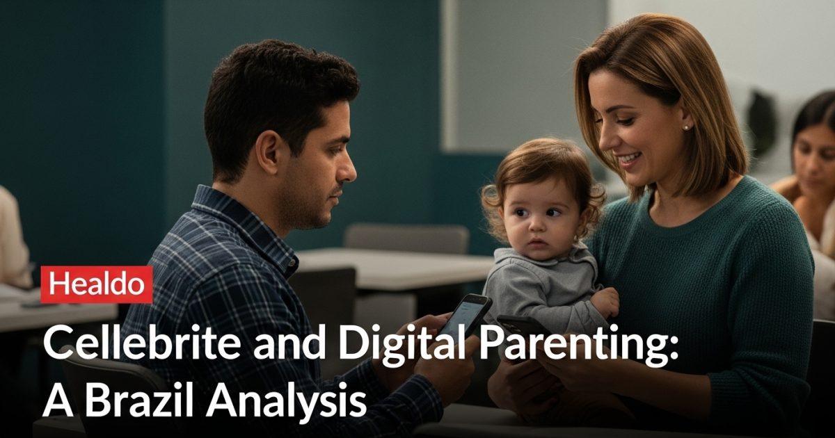 Brazilian family at home using devices with subtle digital-forensics imagery in the background.