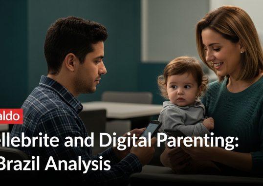 Brazilian family at home using devices with subtle digital-forensics imagery in the background.