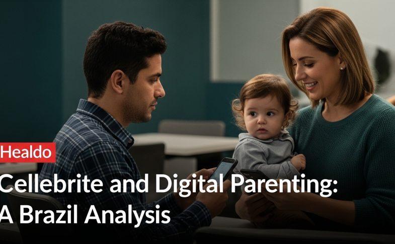 Brazilian family at home using devices with subtle digital-forensics imagery in the background.