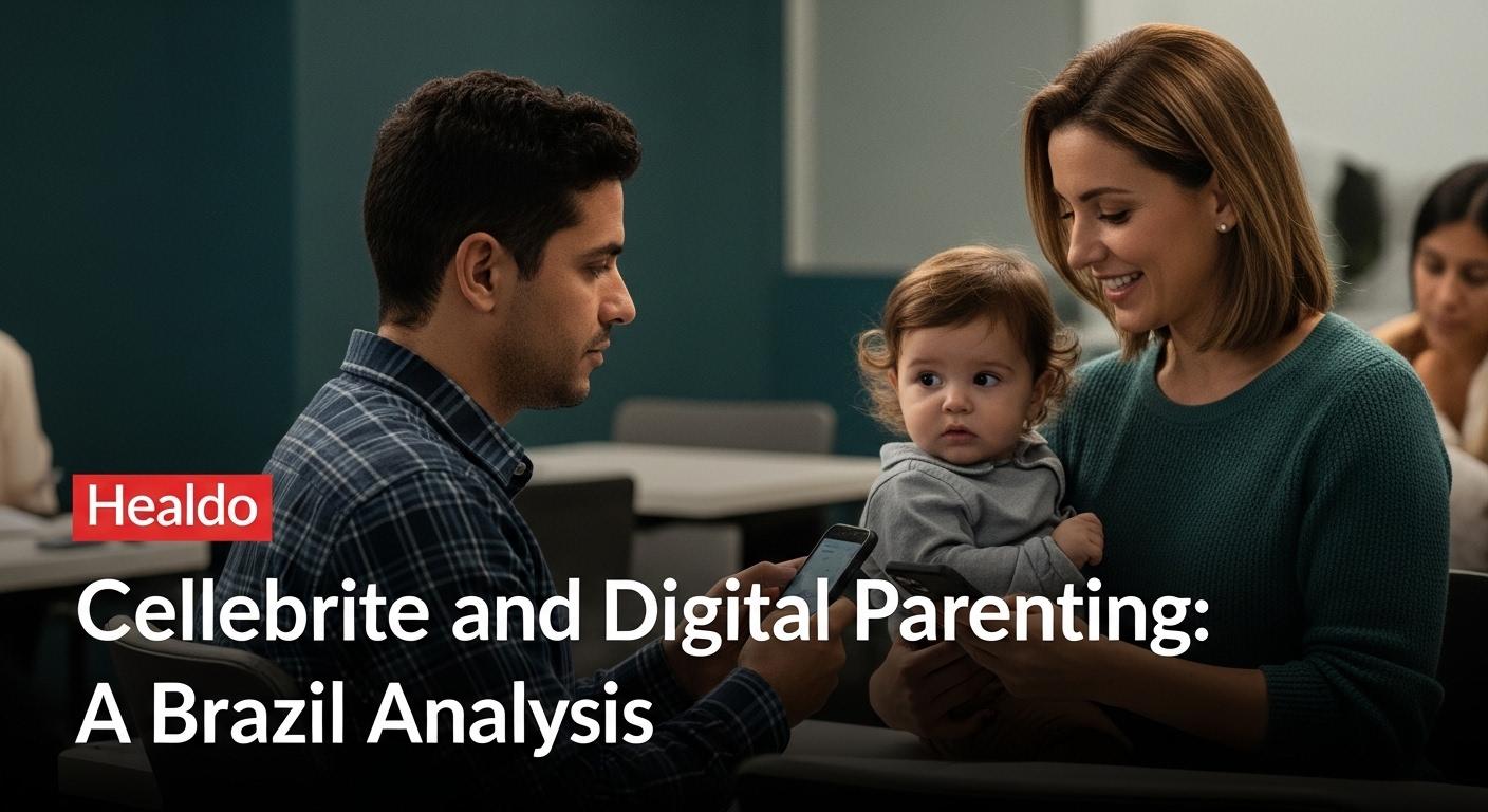 Brazilian family at home using devices with subtle digital-forensics imagery in the background.