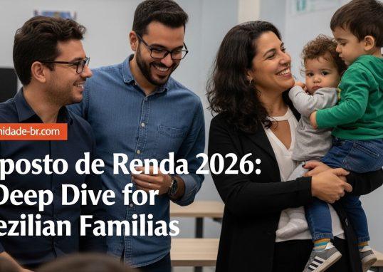 Brazilian family at kitchen table with tax documents during imposto de renda 2026 season