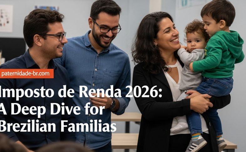 Brazilian family at kitchen table with tax documents during imposto de renda 2026 season