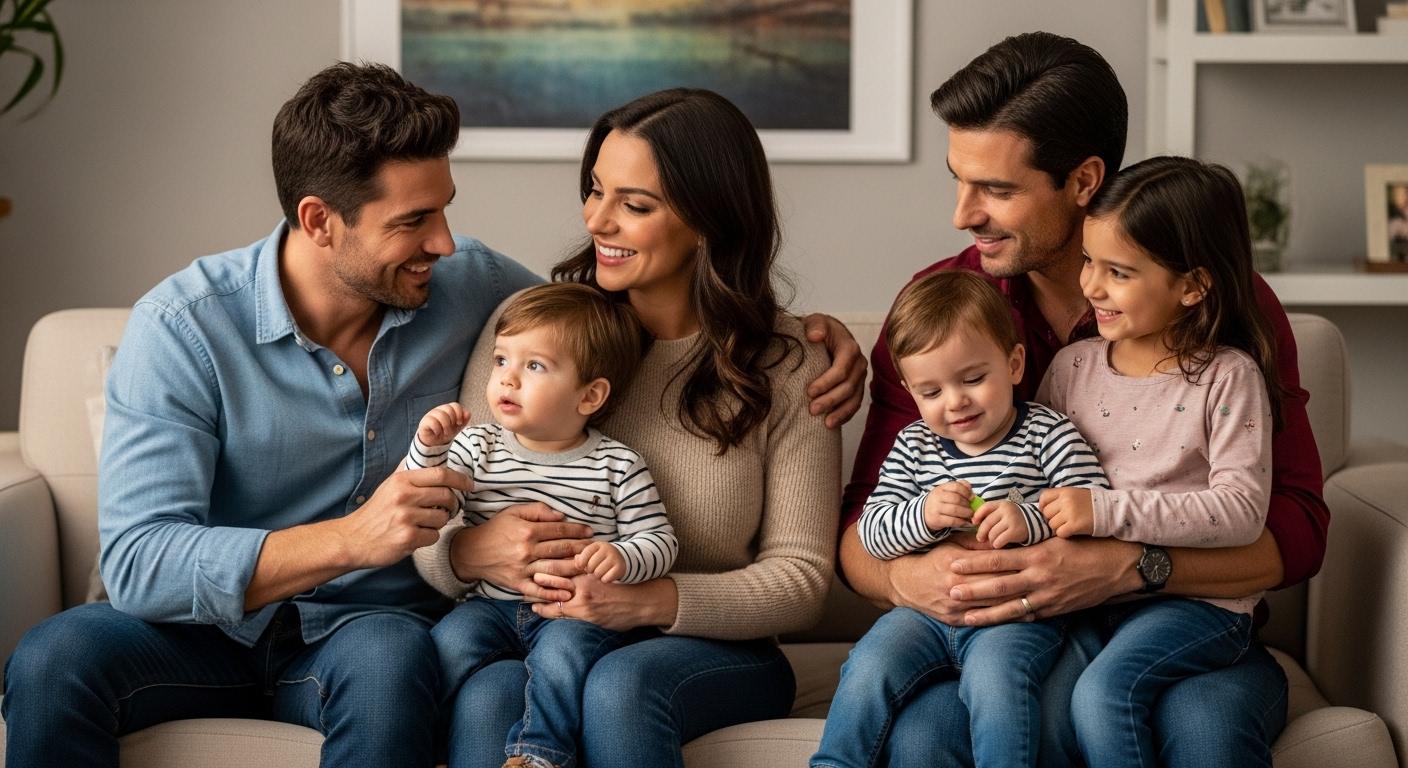 Editorial collage of a Brazilian family watching television and discussing parenting themes.