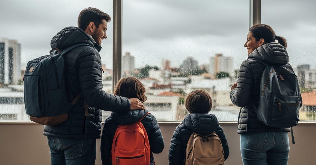 Family indoors, dressed for frio, preparing for frente fria previsão