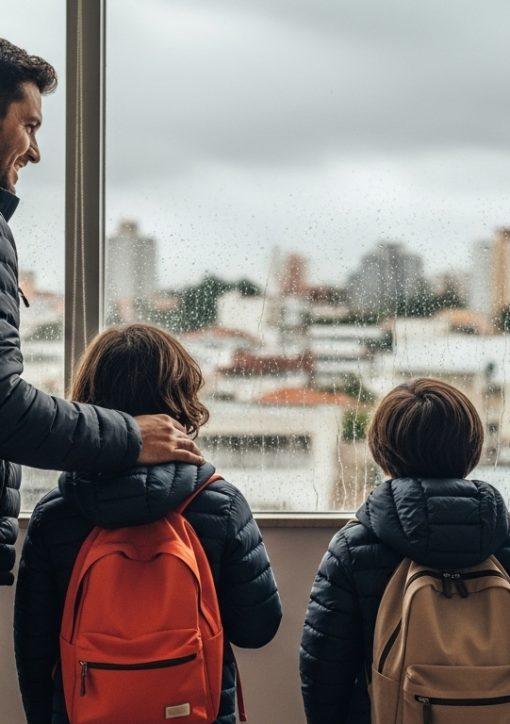 Family indoors, dressed for frio, preparing for frente fria previsão