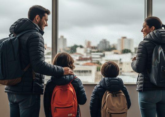 Family indoors, dressed for frio, preparing for frente fria previsão