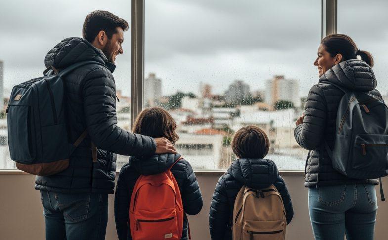 Family indoors, dressed for frio, preparing for frente fria previsão