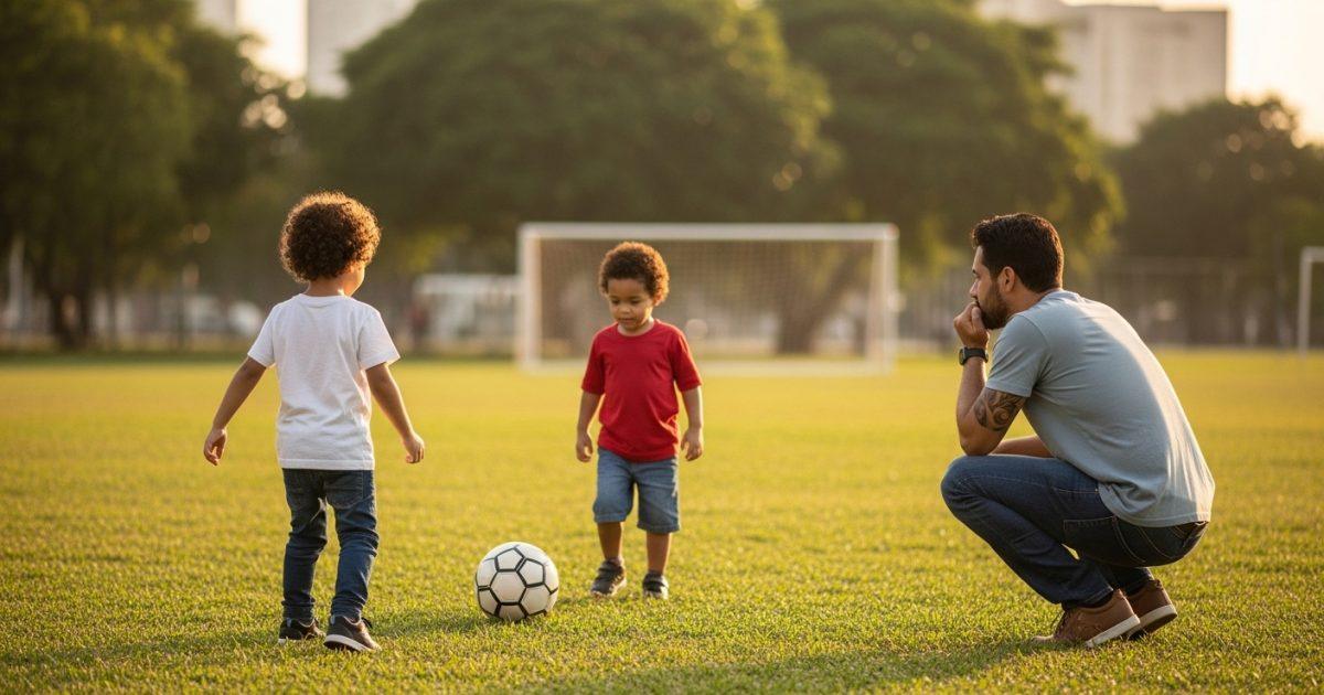 Parent and child playing soccer in a Brazilian park