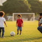 Parent and child playing soccer in a Brazilian park