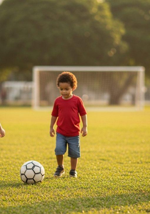 Parent and child playing soccer in a Brazilian park