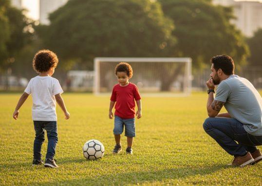 Parent and child playing soccer in a Brazilian park