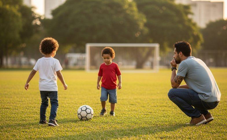 Parent and child playing soccer in a Brazilian park