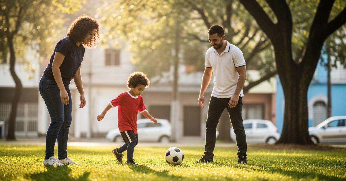 Parent coaching child during casual soccer practice in a Brazilian neighborhood