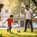 Parent coaching child during casual soccer practice in a Brazilian neighborhood