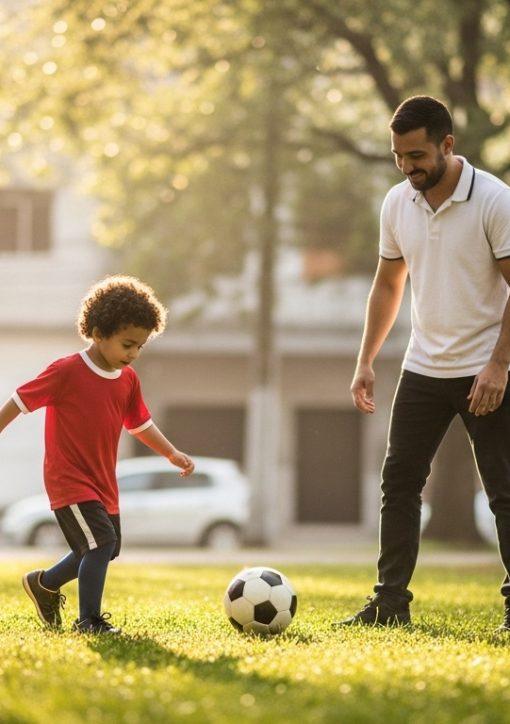Parent coaching child during casual soccer practice in a Brazilian neighborhood