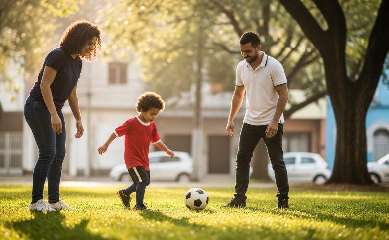 Parent coaching child during casual soccer practice in a Brazilian neighborhood