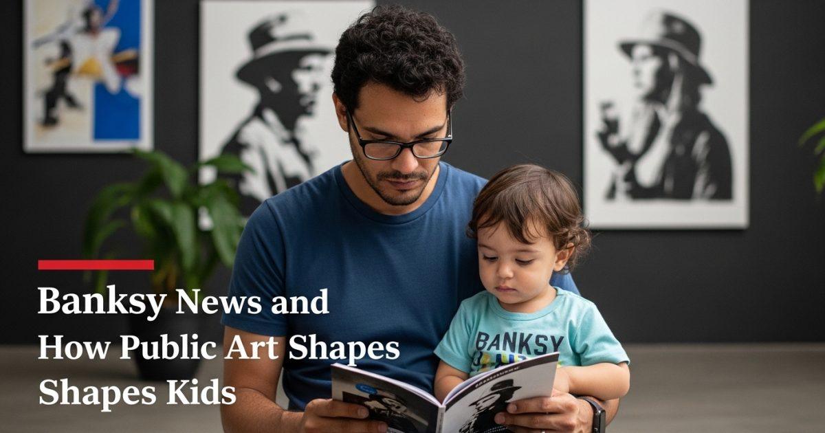 Parent reading Banksy-related news in a Brazilian city with street art.