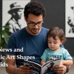 Parent reading Banksy-related news in a Brazilian city with street art.