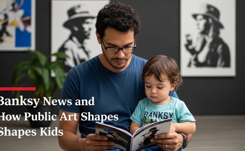 Parent reading Banksy-related news in a Brazilian city with street art.